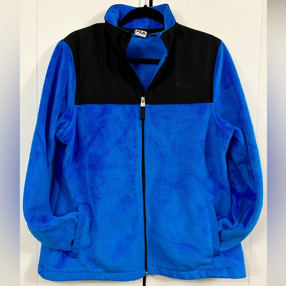 FILA Women’s Sz L Blue Black Full-Zip Soft Teddy Fleece Jacket